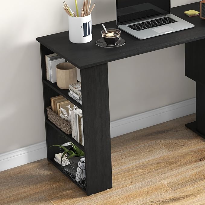 HOMCOM L Shaped Desk, Corner Computer Desk, 360 Degree Rotating Home Office Desk with Storage Shelves, Writing Table Workstation, Black-NeatNest