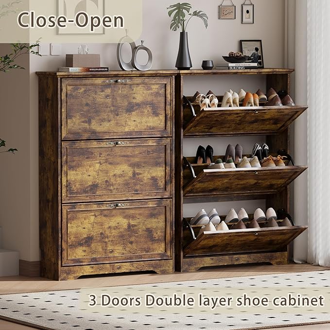 3 Flips Shoe Cabinet for Entryway, Narrow Shoe Storage Cabinet with Adjustable Shelves, Wooden Space-Saving Organizer and Rack for Foyer, Closet, Hallway