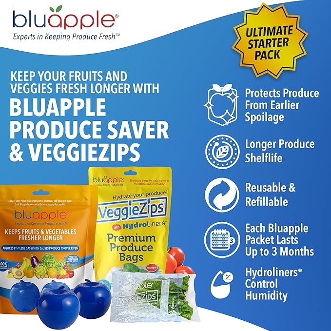 Bluapple Produce Saver Ethylene Gas Absorber & VeggieZips Ultimate Starter Pack Bundle - Fresh Vegetables & Fruits Saver, Produce Storage, Fruits & Veggies Keepers for Refrigerator, Regulates Humidity-NeatNest