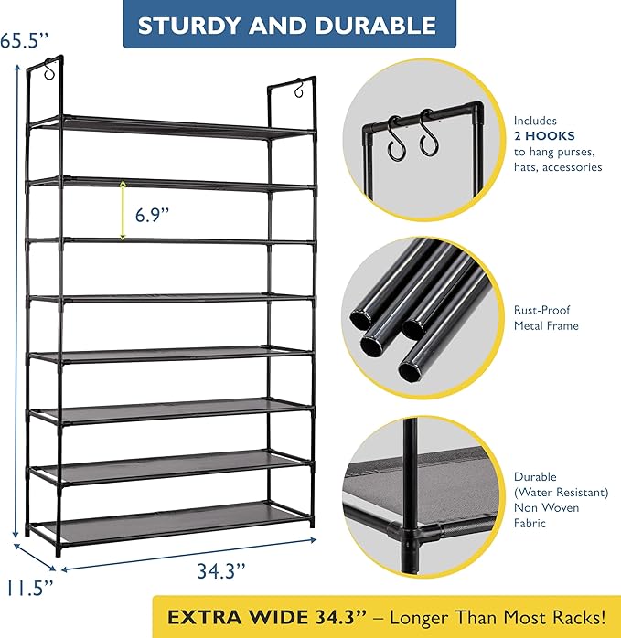 Sundaze Shoe Rack - 8 Tier Shoe Rack for Front Door Entrance, Sturdy Tall Shoe Organizer for Closet, Bedroom, Entryway, Garage, Non Woven Fabric Shelf, Black, Holds Up to 40 Pairs-NeatNest