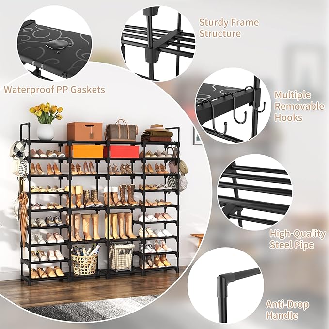 ROJASOP Large Shoe Rack Organizer for Entryway Closet 64-68 Pairs 9-Tier Heavy Duty Tall Garage Shoe Rack Shoe Shelf Shoes Storage with 18 Pcs Removable Side Hooks for Bedroom and Garage Black-NeatNest