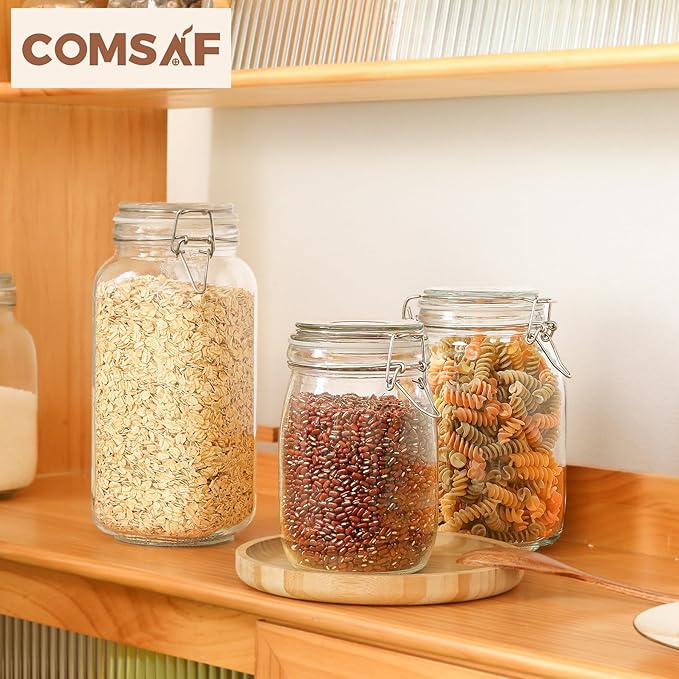 ComSaf Airtight Glass Canister Set of 3 with Lids 34oz Food Storage Jar Round - Storage Container with Clear Preserving Seal Wire Clip Fastening for Kitchen Canning Cereal,Pasta,Sugar,Beans,Spice-NeatNest