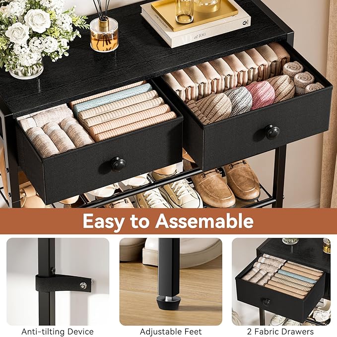 Shoe Rack for Entryway, 5 Tier Shoe Organizer with 2 Non-Woven Drawers, Metal Storage Shoe Shelf for 16-20 Pairs of Shoes, with Wooden Top and Steel Frame, Shoe Stand for Closet Charcoal-NeatNest