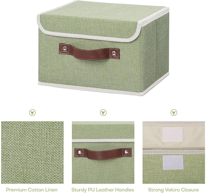 ANMINY 2PCS Storage Bins with Lid PU Leather Handles Storage Boxes PP Plastic Board Decorative Foldable Lidded Cotton Linen Fabric Home Cubes Baskets Closet Organizer Containers - Green, Small Size-NeatNest