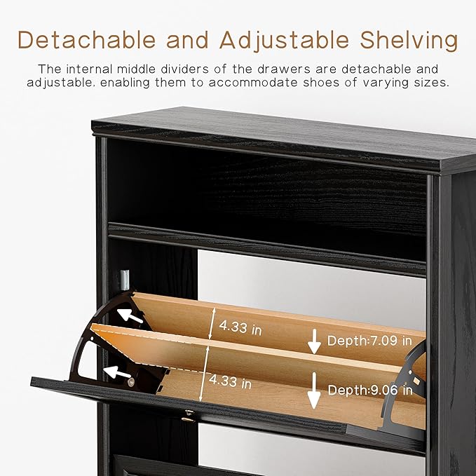 Chogori Solid Wood Shoe Storage Cabinet for Entryway - Narrow Freestanding Shoe Organizer with 2 Flip-Up Drawers, Hallway Shoe Rack with Sturdy Wooden Legs for Foyer, Living Room (1, Onyx Black)