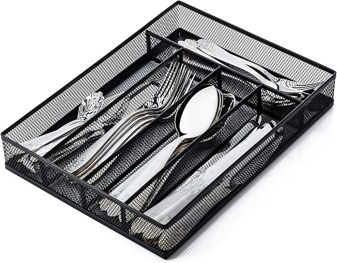 JANE EYRE Utensil Drawer Organizer, Cutlery Tray Silverware Flatware Storage Divider for Kitchen, Mesh Wire with Non-slip Foam Feet, 5 Component, Black-NeatNest