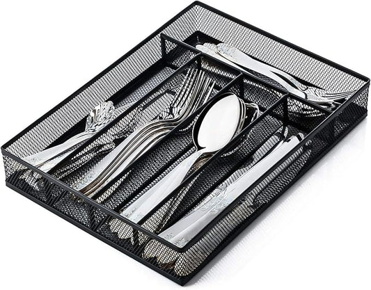JANE EYRE Utensil Drawer Organizer, Cutlery Tray Silverware Flatware Storage Divider for Kitchen, Mesh Wire with Non-slip Foam Feet, 5 Component, Black-NeatNest