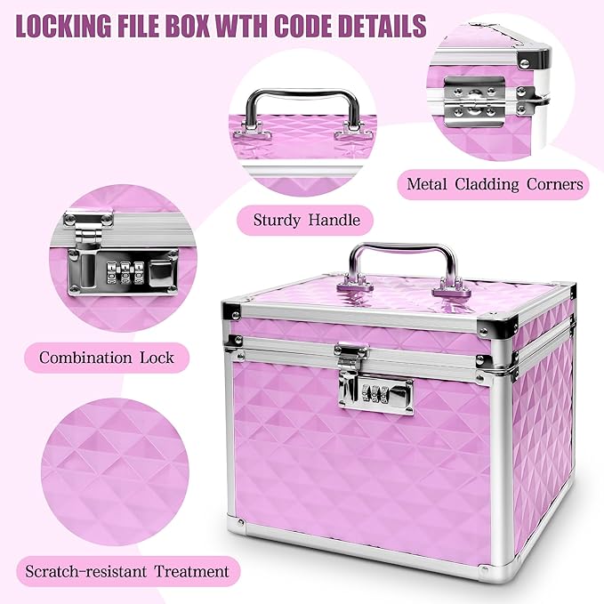 Medication Combination Lock Boxes with Code for Personal Items, Medicine Lockbox for Documents 10 x 7.25 x 7.75 Inches Plaid Pink