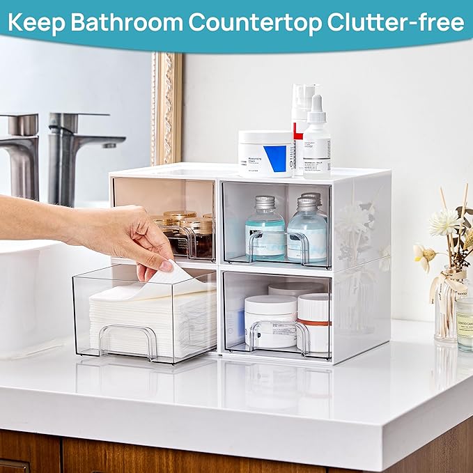 Vtopmart 4Pack Stackable Storage Drawer, 4.4'' Tall Bathroom Makeup Organizer,Plastic Storage Bins For Vanity, Undersink, Kitchen Cabinets, Pantry, Home Organization(White)-NeatNest