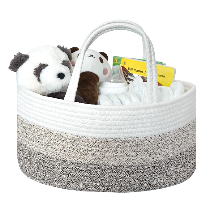 Baby Diaper Caddy Organizer, Large Cotton Rope Nursery Diaper Basket, Changing Table Organizer, Portable Tote Bag with Divider, Car Storage, Baby Shower Gifts for Newborn Girls - Gradient Brown