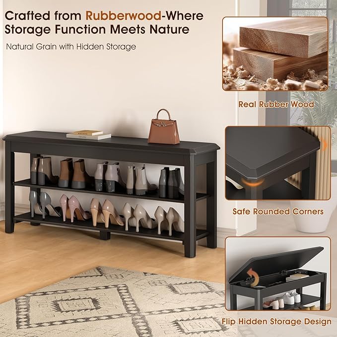 Shoe Rack Bench Seat Rubberwood 2-Tier Wooden Storage Bench 550lbs Compact Mid-Century Modern Design for Entryway, Hallway, Closet, Front Door Entrance, Foyer-NeatNest