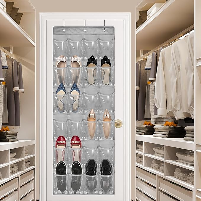 Over The Door Shoe Organizer - Space Saving Shoe Rack for Closet Door with 24 Pockets and Hook, Shoe Holder Back of Door Organizers for Shoes, Gray Hanging Shoe Organizer (Gray)-NeatNest