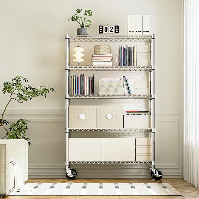 IZEUK 5-Tier Storage Shelving Unit with Wheels, Adjustable Heavy Duty Steel Wire Rack Organizer (Chrome, 17.7" D x 47.2" W x 76.7" H, 1750 lbs Capacity) for Garage, Kitchen, Pantry, Laundry, Basement-NeatNest
