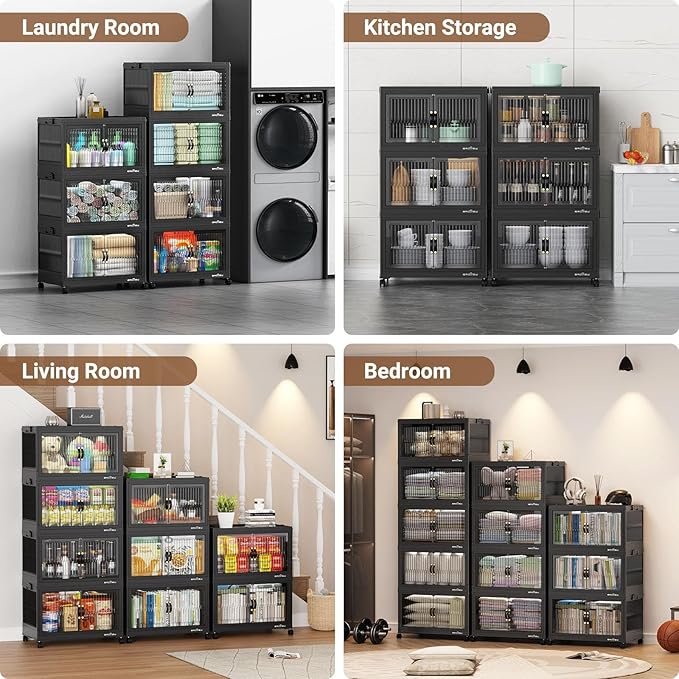 300Qt Stackable Storage Bins with Lid, Extra Large Closet Organizer Collapsible Drawer Boxes with Wheels, Folding Plastic Cabinet Containers for Home Kitchen Room Organization, 3Pack Black