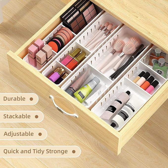 Desk Drawer Organizer Tray 4 PCS Plastic Office Drawer Organizer Bins Junk Organizer Divider with Non-Slip Silicone Pads, Makeup Vanity Organizer for Drawer, White-NeatNest