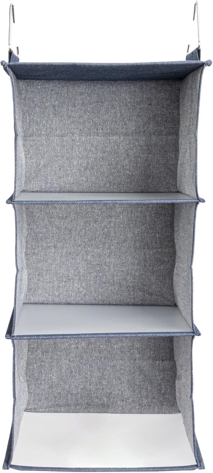 Household Essentials Hanging Cotton Blend Closet Organizer with 3 Storage Shelves, Denim-NeatNest