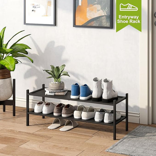 BMOSU 2-Tier Bamboo Extended Shoe Rack Premium Stackable Shoe Shelf Storage Organizer for Hallway Closet Living Room Entryway Organizer(Black)-NeatNest