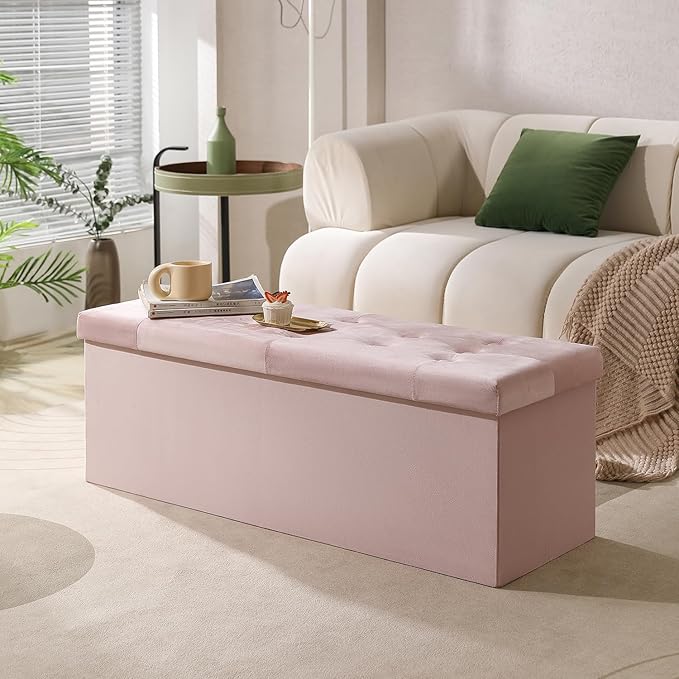 PRANDOM Jumbo Ottoman with Storage [1-Pack] Velvet Folding Small Square Foot Stool with Lid for Living Room Bedroom Coffee Table Dorm Pink 43x15x15 inches-NeatNest