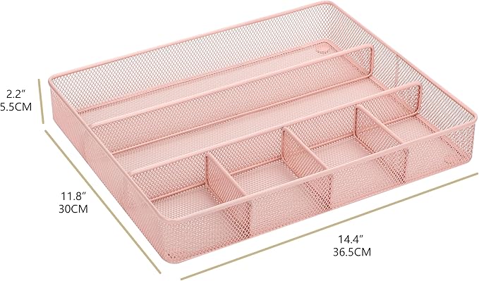 Annova Desk Top Organizer Tray for Office Organization - Metal Mesh - Storage Tray with Dividers for Pens, Desktop Accessories, Bathroom, Kitchen, Makeup and Office Supplies (Large, Light Pink)-NeatNest