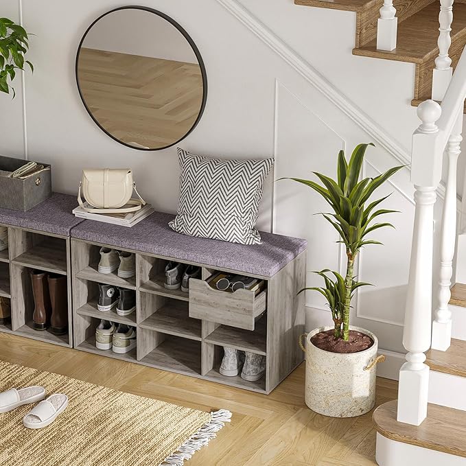 DINZI LVJ Shoe Bench, Entryway Storage Bench with Drawer and 8 Cubbies, Cubby Shoe Rack with Adjustable Shelves, Shoe Organizer Cabinet for Living Room, Bedroom, Mudroom, Closet and Garage, Grey Wash-NeatNest