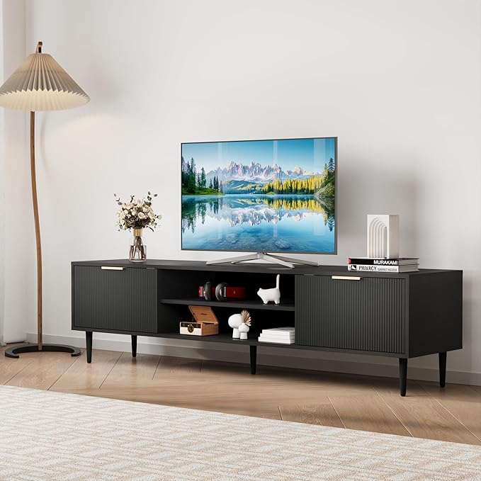 Black TV Stands, Mid Century Modern TV Stand, with 2 Large Storage Cabinets, for TVs Up to 75 in, Black Entertainment Center with Fluted Panel Design, TVs Stands for Living Room, for Bedroom, Office-NeatNest