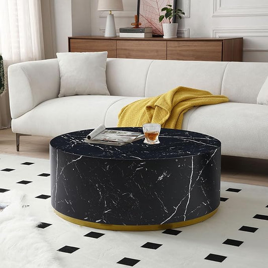 kevinplus Round Black Coffee Table Side Table End Table for Living Room, Drum Circle Wood Coffee Table Modern Contemporary Coffee Table for Apartment, Marble Grain, Black & Gold (ø35.4'' x 13.7'')