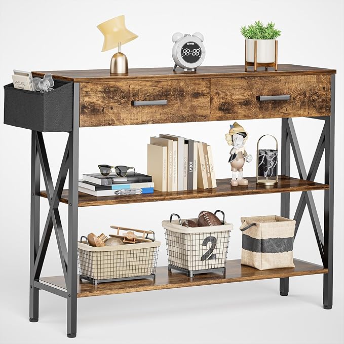 Gizoon 39" Entryway Table with 2 Drawers and 3 Tier Storage Shelves, Industrial Narrow Long Sofa Table, Farmhouse Style Console Table for Living Room, Hallway, Couch, Small Spaces - Rustic Brown-NeatNest