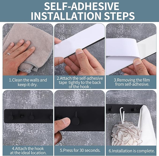 Coat Rack Wall Mount, Black Coat Hooks with 5 Hooks Heavy Duty Metal Towel Hook Rail Adhesive & Screw in Door Hooks Hanger Organizer Wall for Towels, Clothes, Hat-NeatNest