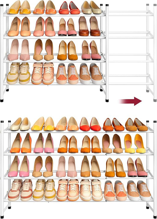 Tajsoon Expandable Shoe Rack for Closet 4 Tier, 29“-41“Adjustable & Stackable Shoe Shelf Storage, Metal Shoe Rack Organizer for Front Door Entrance, Closet, Garage, Entryway, White-NeatNest