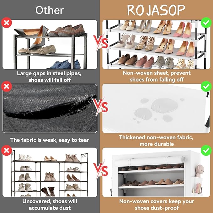 ROJASOP Shoe Rack with Covers 10 Tier Large Shoe Organizer Tall Shoe Closet Storage for 50-55 Pairs Shoe and Boot, Free Standing Shoe Rack Organizer for Closet, Entryway, Bedroom, White-NeatNest