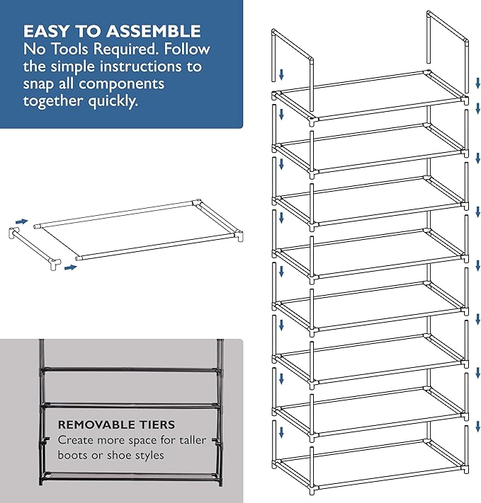 Sundaze Shoe Rack - 8 Tier Shoe Rack for Front Door Entrance, Sturdy Tall Shoe Organizer for Closet, Bedroom, Entryway, Garage, Non Woven Fabric Shelf, Black, Holds Up to 40 Pairs-NeatNest