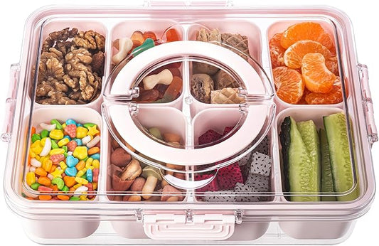 Divided Serving Tray with Lid and Handle - Snackle Box Charcuterie Container for Portable Snack Platters Organizer for Candy, Fruits, Nuts, Snacks - Perfect for Party, Entertaining, Pink-NeatNest