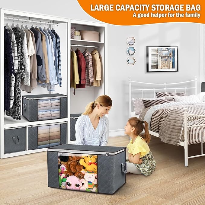 Budding Joy Clothes Storage, Foldable Large Blanket Storage Bags with Zippers, Storage and Organization for Clothing, Comforter, Bedding, Toys, Closet Organizers with Enhanced Handle, 60L 6 Pack Gray-NeatNest