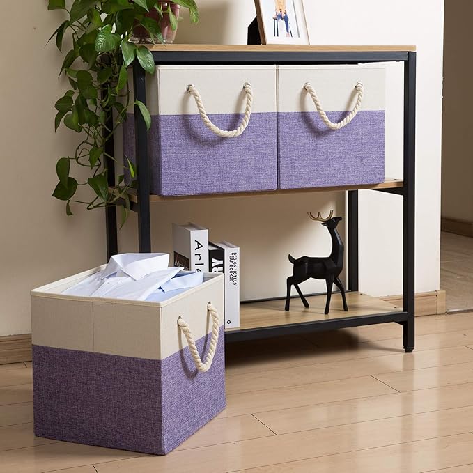 PRANDOM Large Foldable Cube Storage Bins 13x13 inch [4-Pack] Fabric Linen Storage Baskets Cubes Drawer with Cotton Handles Organizer for Shelves Nursery Closet Bedroom Purple-NeatNest