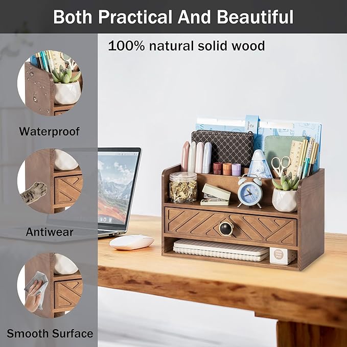 Brown Wood Desk Organizer and Accessories with Drawer, Bill Mail Organizer and File Mail Holder for Office Supplies, Desk Accessories & Workspace Organizers-NeatNest