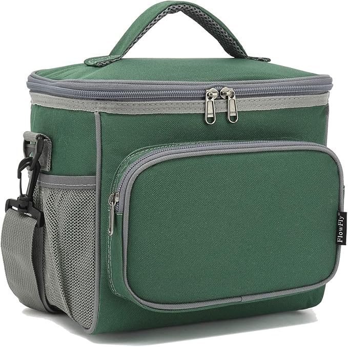 FlowFly Insulated Reusable Lunch Bag Adult Large Lunch Box for Women and Men with Adjustable Shoulder Strap,Front Zipper Pocket and Dual Large Mesh Side Pockets,ArmyGreen-NeatNest