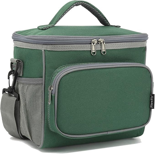 FlowFly Insulated Reusable Lunch Bag Adult Large Lunch Box for Women and Men with Adjustable Shoulder Strap,Front Zipper Pocket and Dual Large Mesh Side Pockets,ArmyGreen-NeatNest