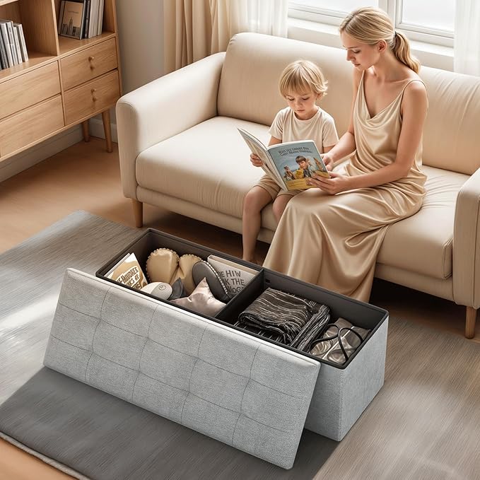 Ottoman Folding Storage Bench, 43x15x15 Inch, Foot Rest Stool for Living Room, Bedroom, Entryway, End of Bed - Multi-Functional Ottoman with Storage Light Gray