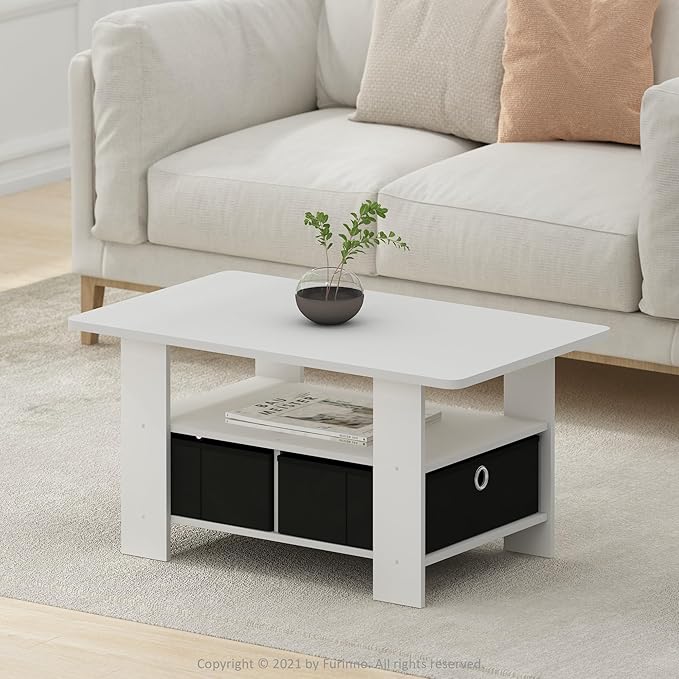 Furinno Andrey Coffee Table with Bin Drawer, White/Black-NeatNest