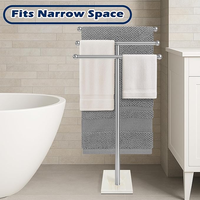 Freestanding Towel Rack 3-Tier, Towel Rack Stand with Marble Base, Stable Towel Racks for Bathroom Freestanding, White