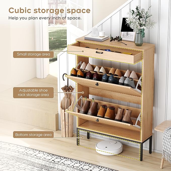 Brafab Shoe Storage Cabinet with 2 Flip Drawers&1 Small Drawer, Slim Entryway Shoe Organizer with Fluted Panel Doors for Sneakers,Light Beige-NeatNest
