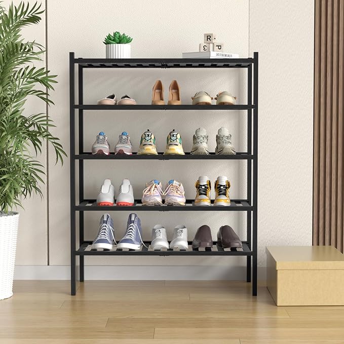 5 Tier Bamboo Shoe Rack for Closet Free Standing Wood Shoe Shelf for Entryway Small Space Stackable 27"x11"x33" (Black)-NeatNest