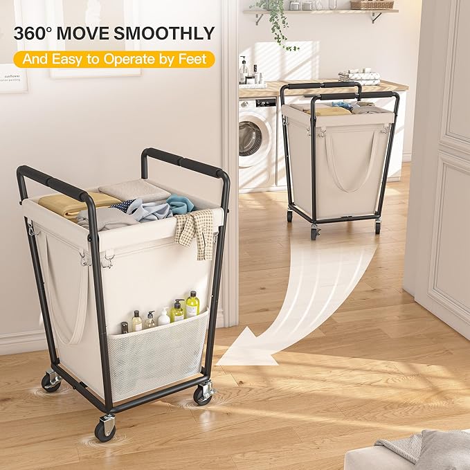 Laundry Basket with Wheels & Handles, 180L Laundry Cart with Removable Bag & Metal Frame for Clothes Storage, Laundry Room Organization Rolling Hamper with Wheels For Laundry, Dorm (Beige)