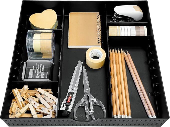 CAXXA 3 Slot Drawer Organizer with 4 Adjustable Dividers - Junk Drawer Storage for Makeup & Vanity, Office Desk Supplies and Accessories (BLACK, 1 PACK)-NeatNest