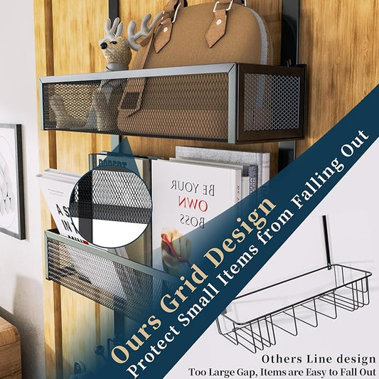 Consumest Over The Door Hooks Organizer - Extra Long Door Hanger with 9 Coat Hooks & 2 Mesh Basket, Back Storage Organizer Hanging Towels for Bathroom, Bedroom, Black (for 1.76 in Doors)-NeatNest