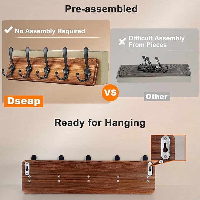 Dseap Coat Rack Wall Mounted - 5 Tri Hooks, Heavy Duty, Wooden Wall Coat Hanger Coat Hook for Clothes Hat Jacket Clothing, Black, Pack of 2