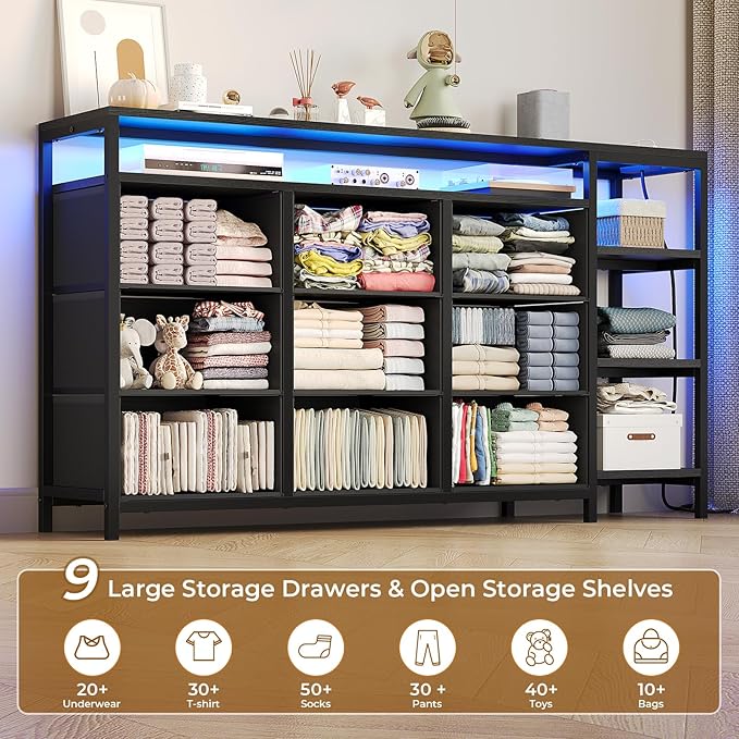 60 inch TV Stand Dresser for Bedroom with LED Lights & Charging Station, 9 Fabric Drawers, Entertainment Center with Drawers & Open Shelves for Living Room, Bedroom, Black-NeatNest