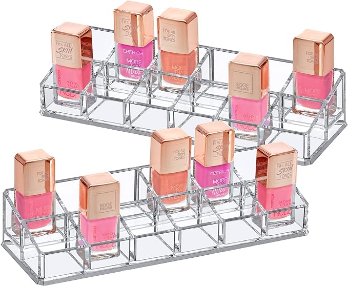 Amazing Abby - Glamour - 2-Pack 12-Slot Acrylic Nail Polish Organizer, Lipstick Holder, Lip Gloss Organizer, Cosmetic Storage Display, Perfect Storage Solution for Drawer, Vanity, Bathroom, and More-NeatNest