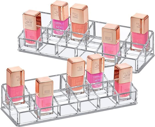 Amazing Abby - Glamour - 2-Pack 12-Slot Acrylic Nail Polish Organizer, Lipstick Holder, Lip Gloss Organizer, Cosmetic Storage Display, Perfect Storage Solution for Drawer, Vanity, Bathroom, and More-NeatNest
