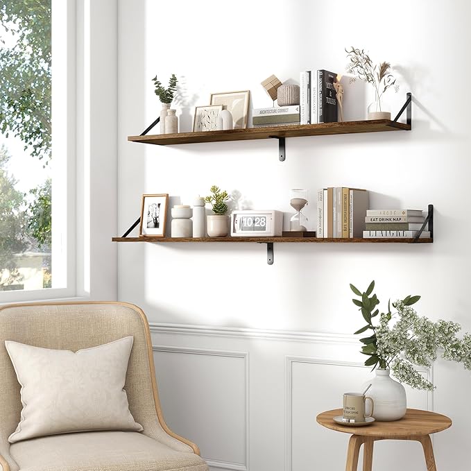 Fun Memories Deep Floating Shelves for Wall, 48W x 8D Wall Mounted Shelves Set of 2, Wide Display Ledge Shelf with Sturdy Metal Brackets for Living Room, Bathroom, Bedroom and Kitchen, Rustic Brown-NeatNest